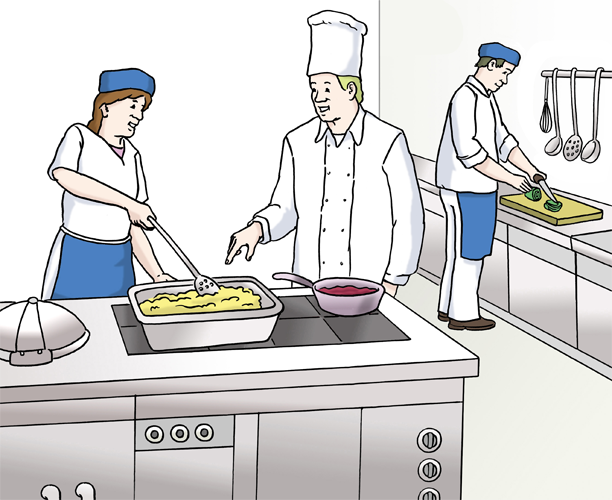 eine Zeichnung von einer Großküche, in der drei Menschen arbeiten