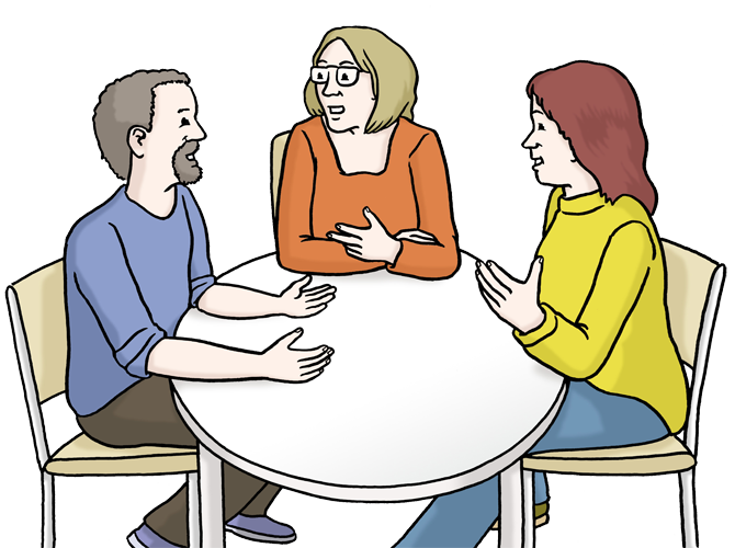 eine Zeichnung von drei Menschen an einem Tisch, die miteinander reden