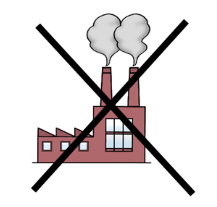 eine Zeichnung von einer Fabrik, die durchgestrichen ist