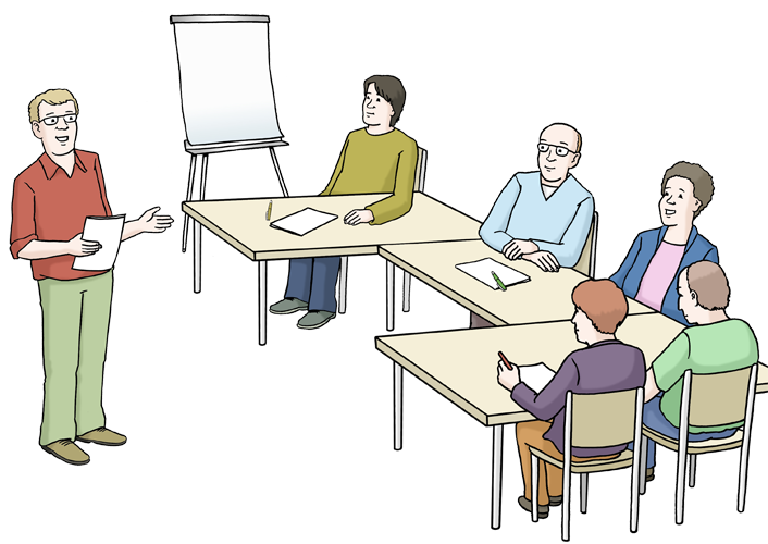eine Zeichnung mit drei Tischen, an denen fünf Menschen sitzen, die einer stehenden Person zuhören