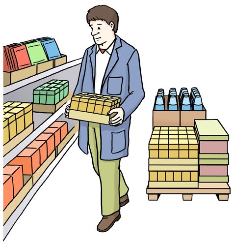 eine Zeichnung von einem Mensch, der Regale in einem Supermarkt einsortiert