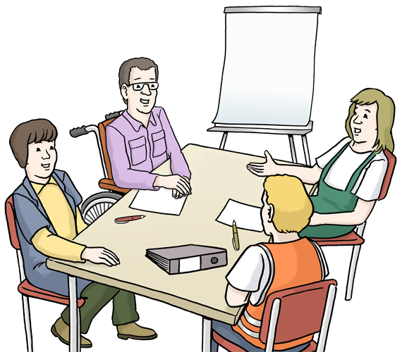 eine Zeichnung von einem Tisch, an dem vier Menschen sitzen und miteinander reden